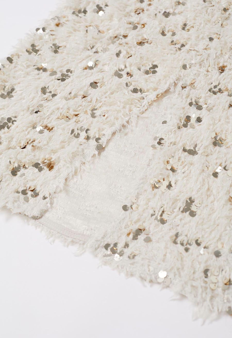 Full Feather Sequined Pencil Skirt in Cream