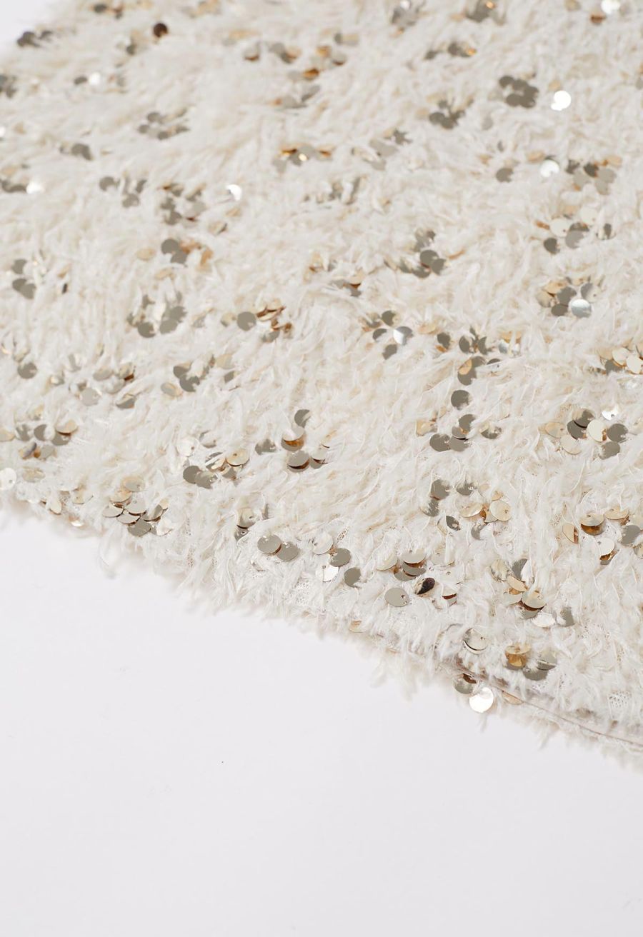 Full Feather Sequined Pencil Skirt in Cream