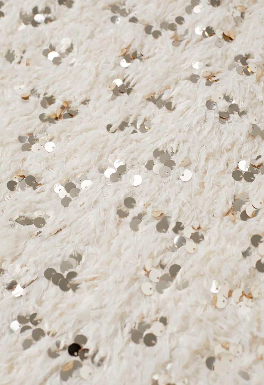 Full Feather Sequined Pencil Skirt in Cream