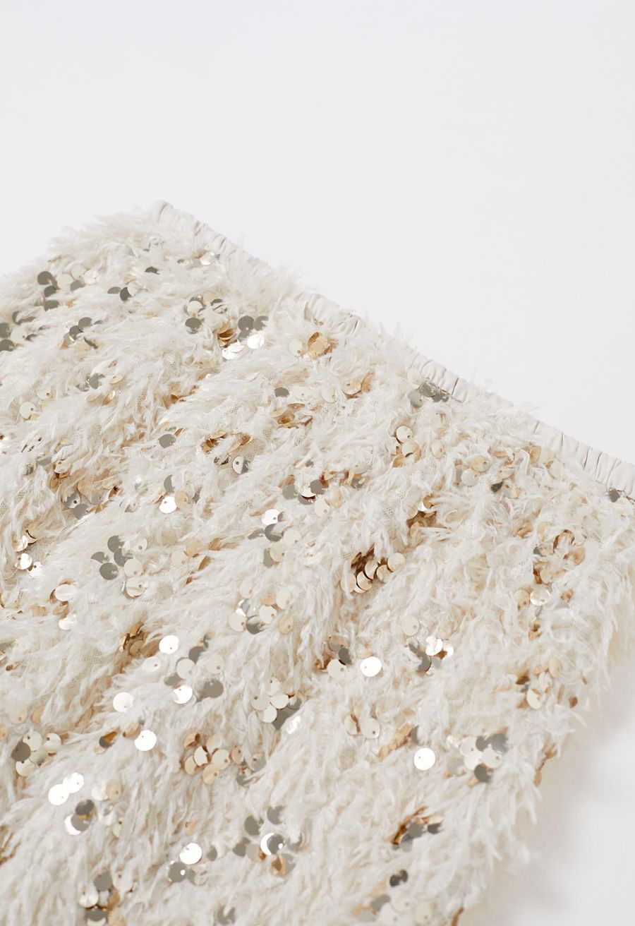 Full Feather Sequined Pencil Skirt in Cream