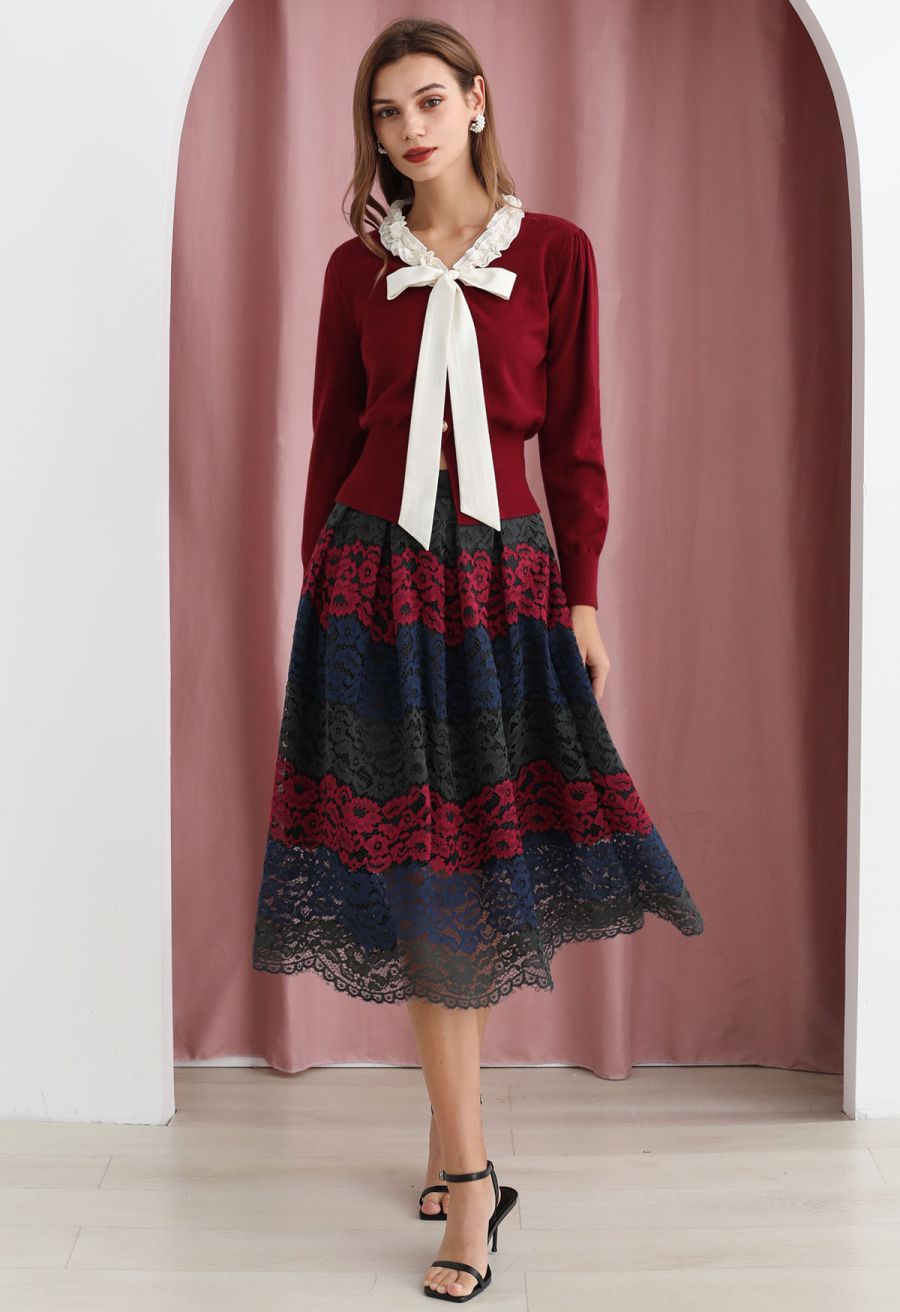 Ruffle Tie-Bow Wool-Blend Buttoned Top in Burgundy