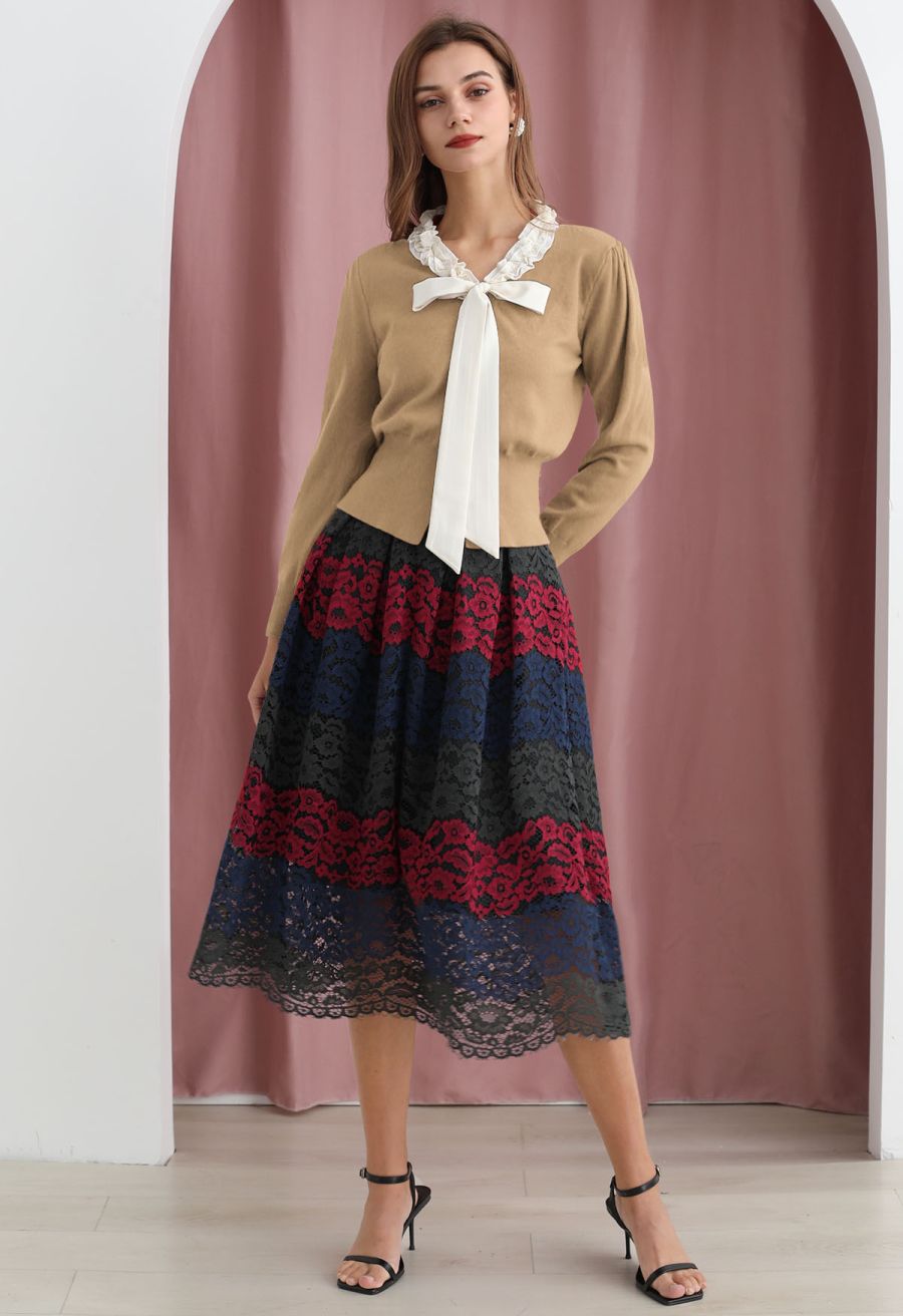 Ruffle Tie-Bow Wool-Blend Buttoned Top in Camel