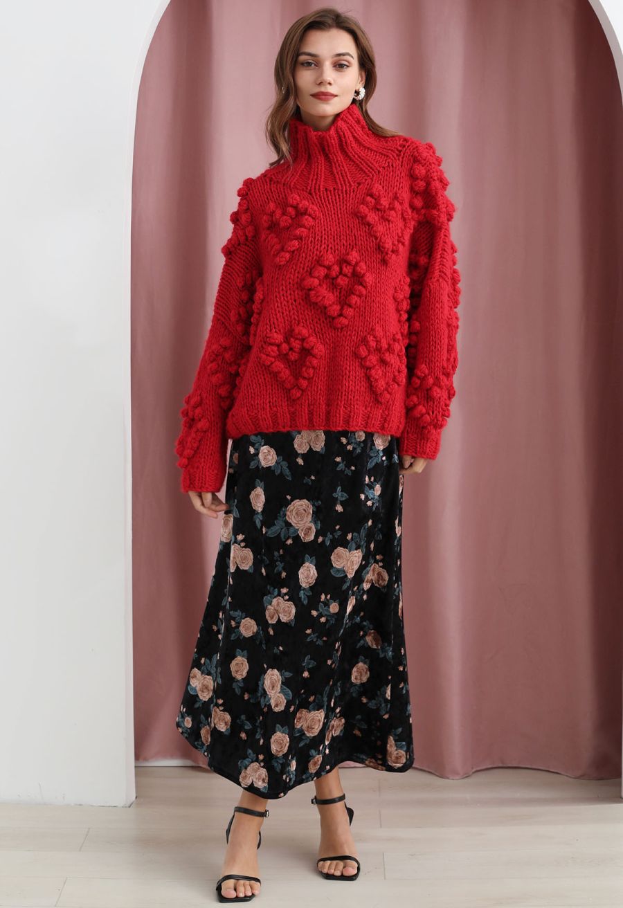 Pink Rose Printed Velvet Maxi Skirt