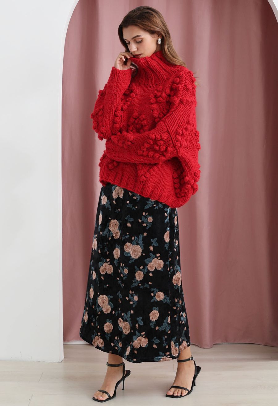Pink Rose Printed Velvet Maxi Skirt