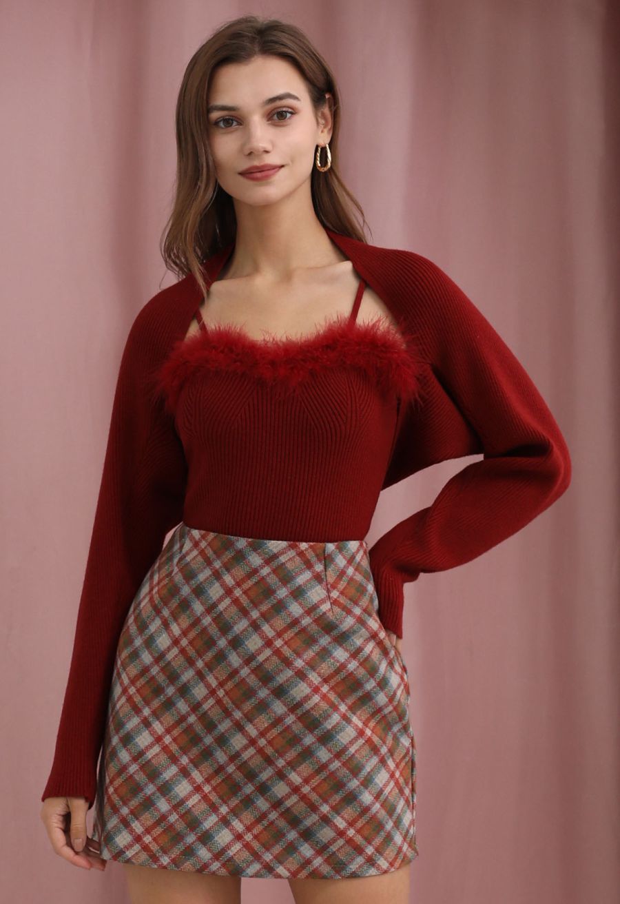 Retro Plaid Wool-Blend Mini Bud Skirt in Red