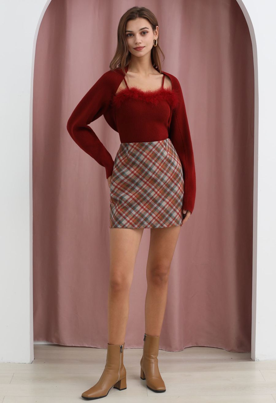 Retro Plaid Wool-Blend Mini Bud Skirt in Red