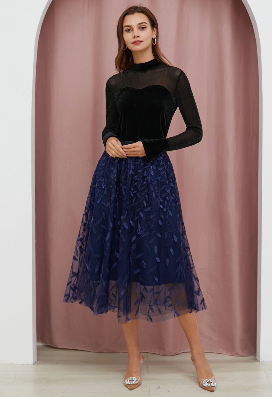 Shimmer Mesh Spliced Sweetheart Velvet Fitted Top