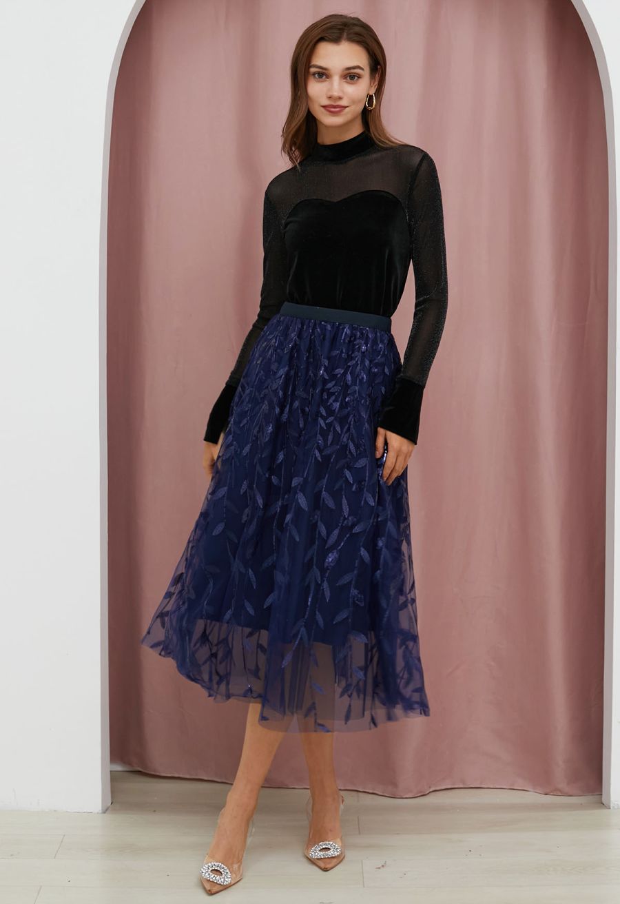 Shimmer Mesh Spliced Sweetheart Velvet Fitted Top