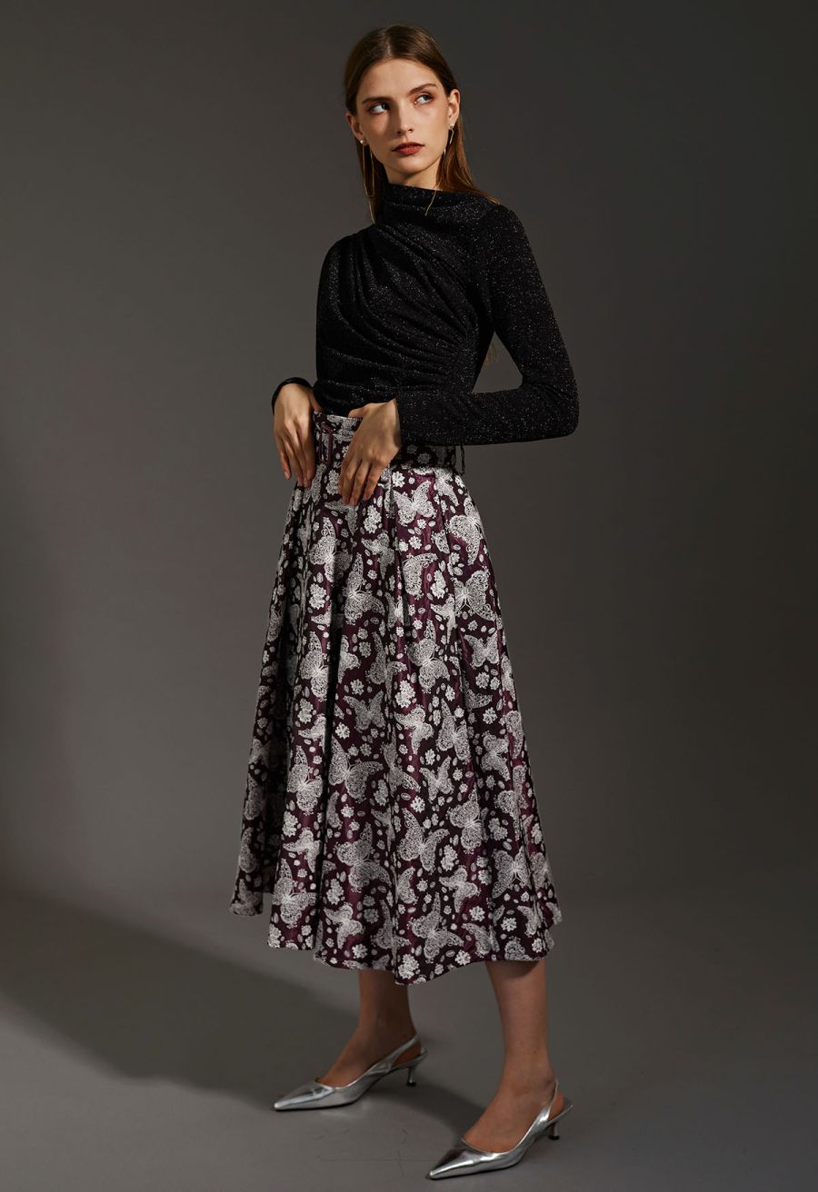 Whimsical Butterfly Belted A-Line Midi Skirt in Burgundy