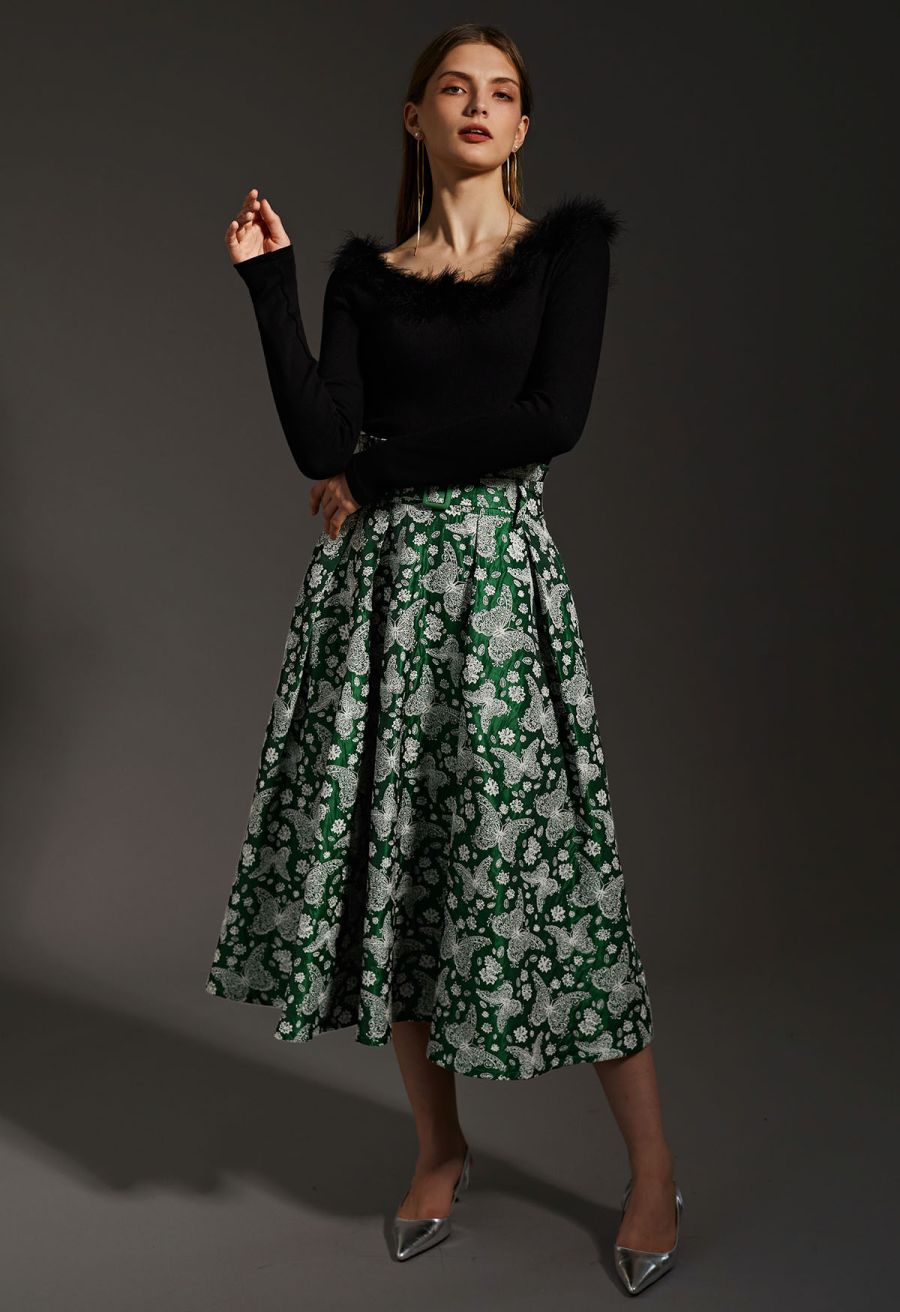 Whimsical Butterfly Belted A-Line Midi Skirt in Green
