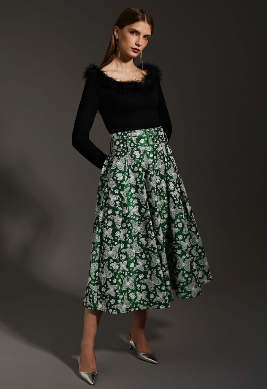 Whimsical Butterfly Belted A-Line Midi Skirt in Green