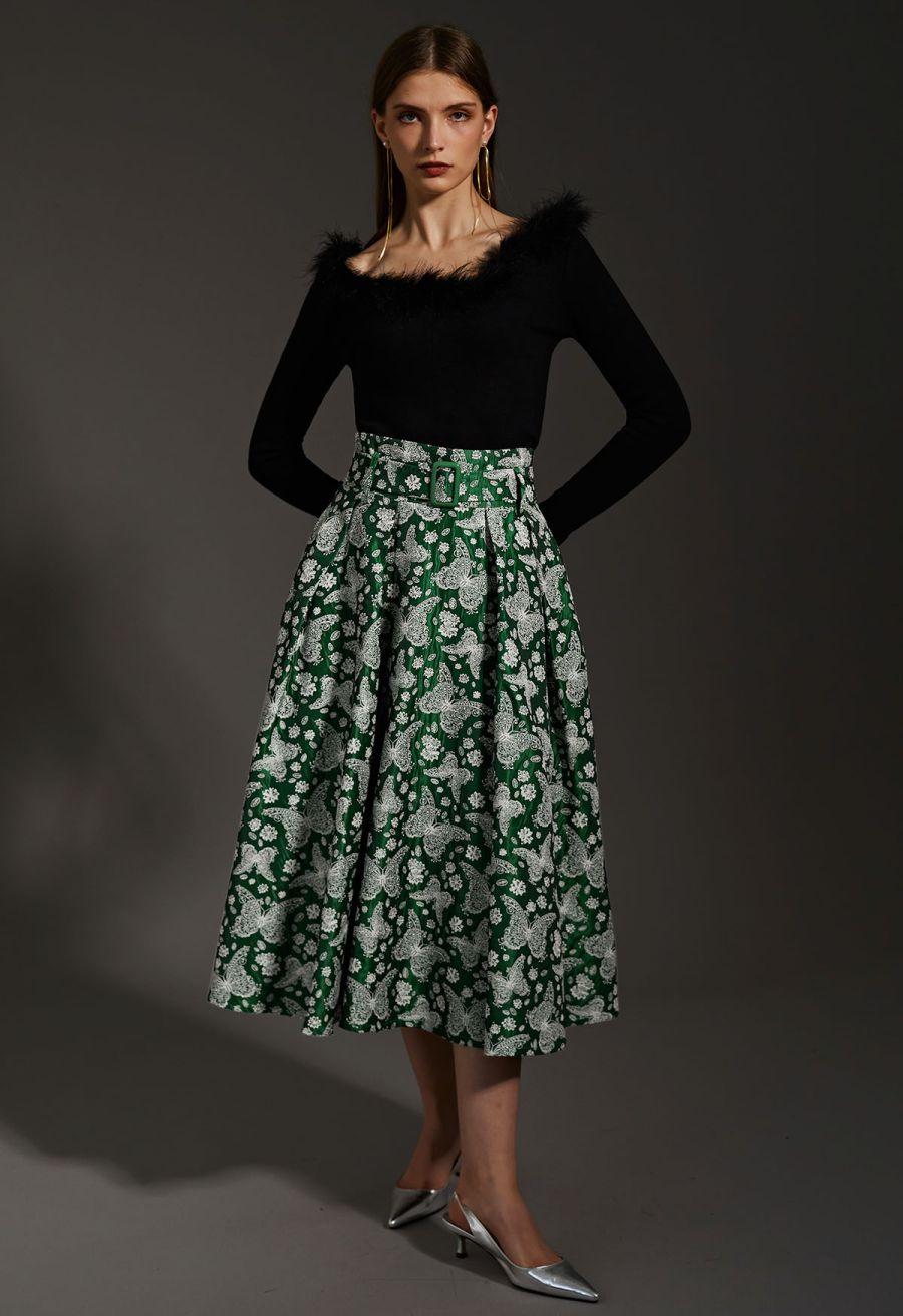 Whimsical Butterfly Belted A-Line Midi Skirt in Green