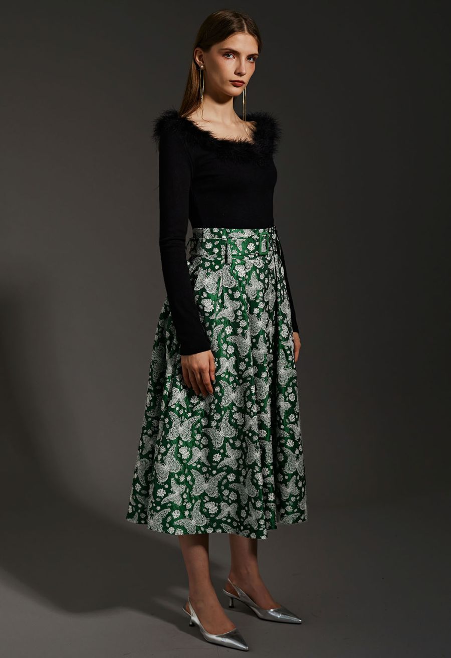 Whimsical Butterfly Belted A-Line Midi Skirt in Green