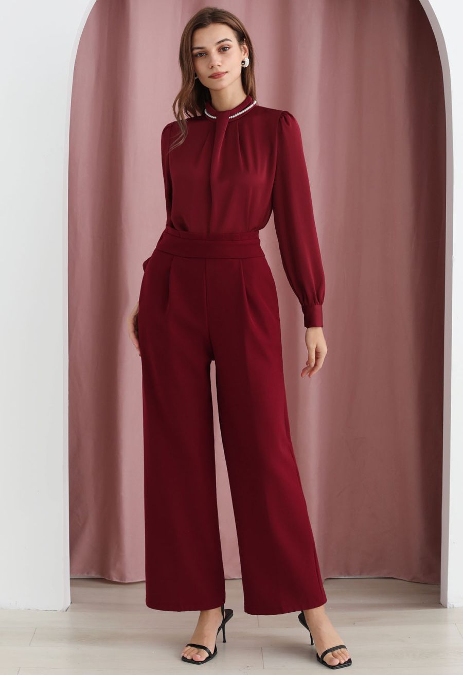 Pleated Waist Chunky Straight-Leg Pants in Burgundy