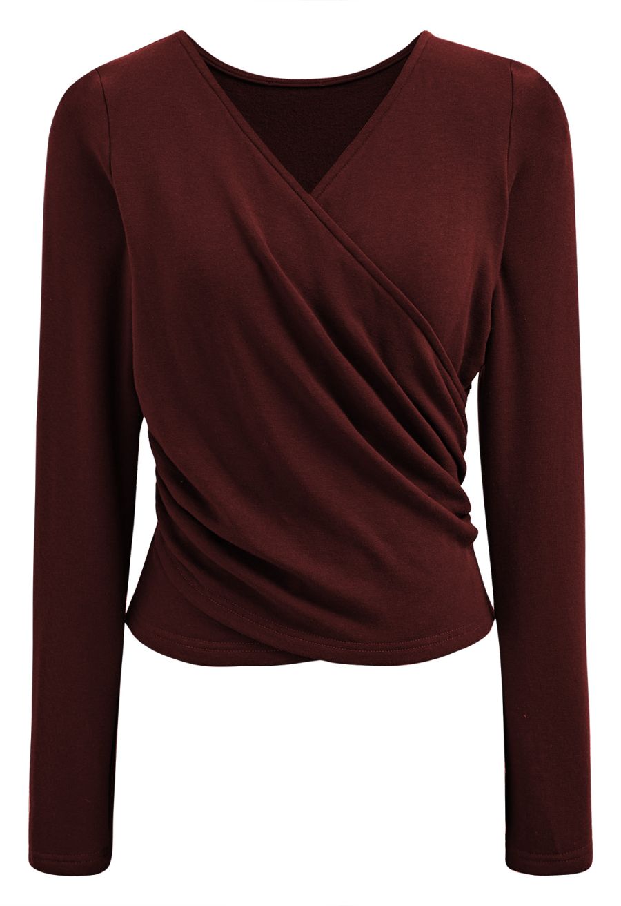 Cross V-Neck Long Sleeves Top in Burgundy