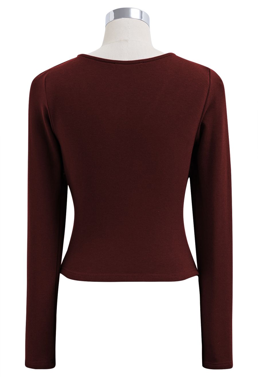 Cross V-Neck Long Sleeves Top in Burgundy