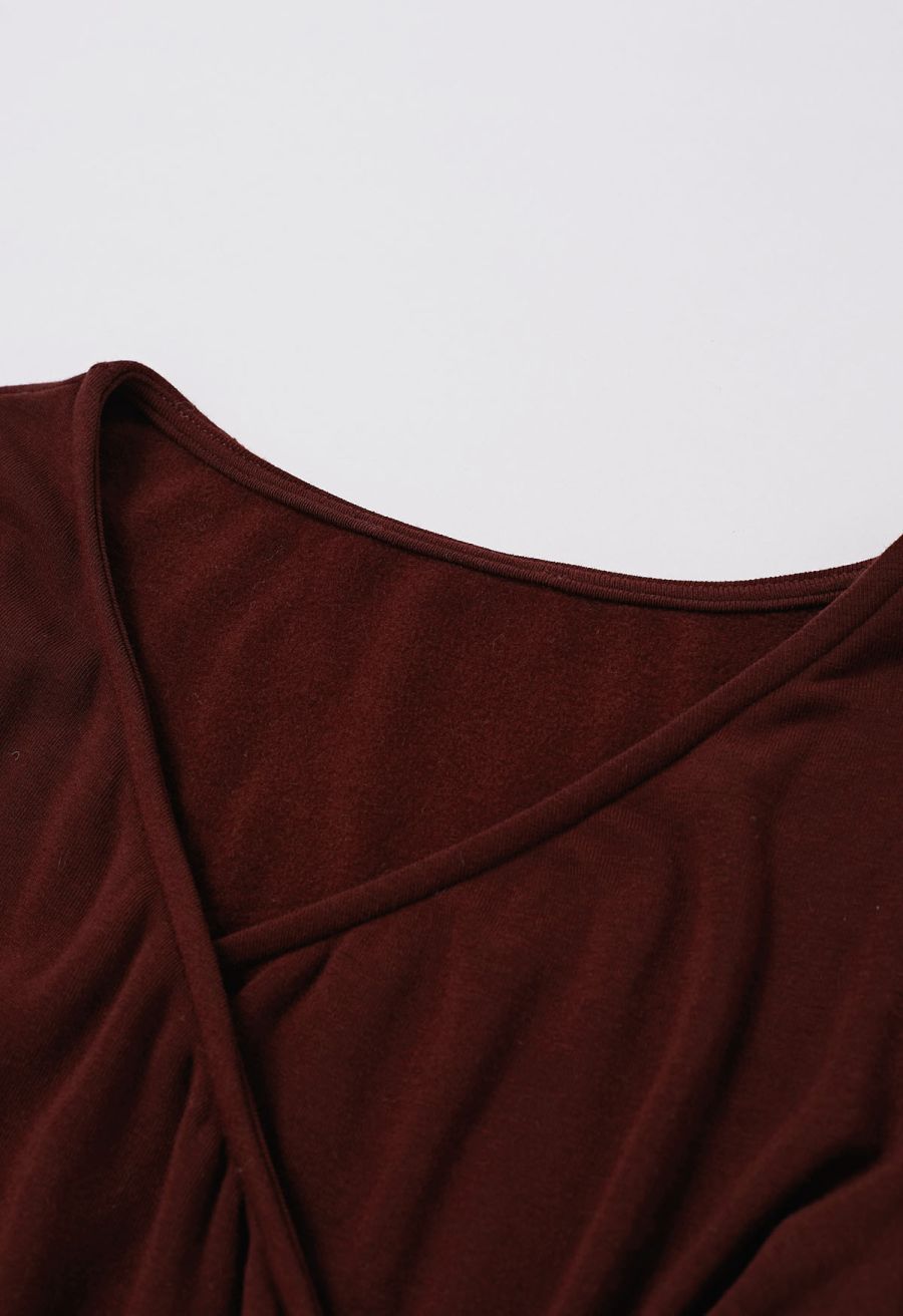 Cross V-Neck Long Sleeves Top in Burgundy