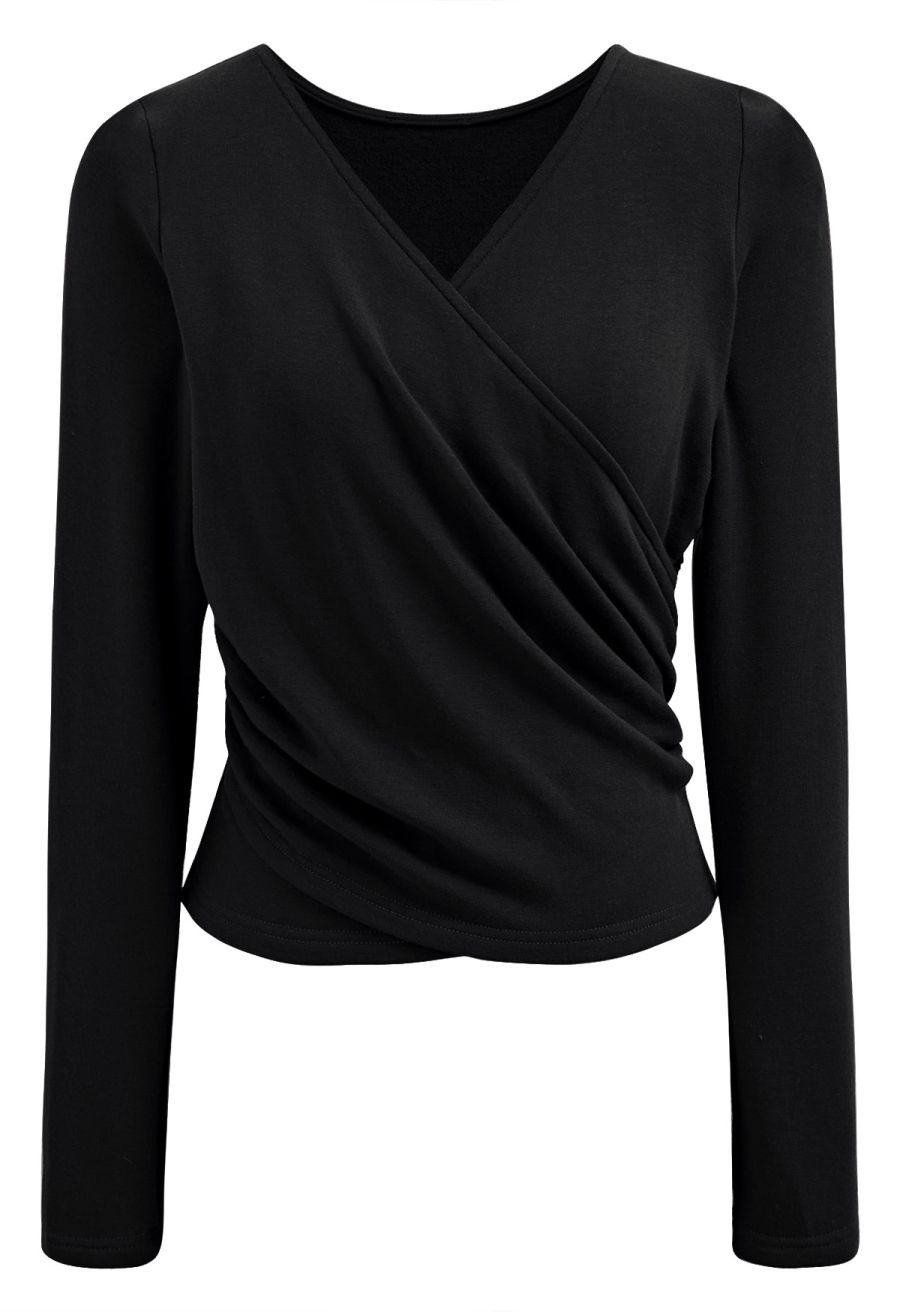 Cross V-Neck Long Sleeves Top in Black