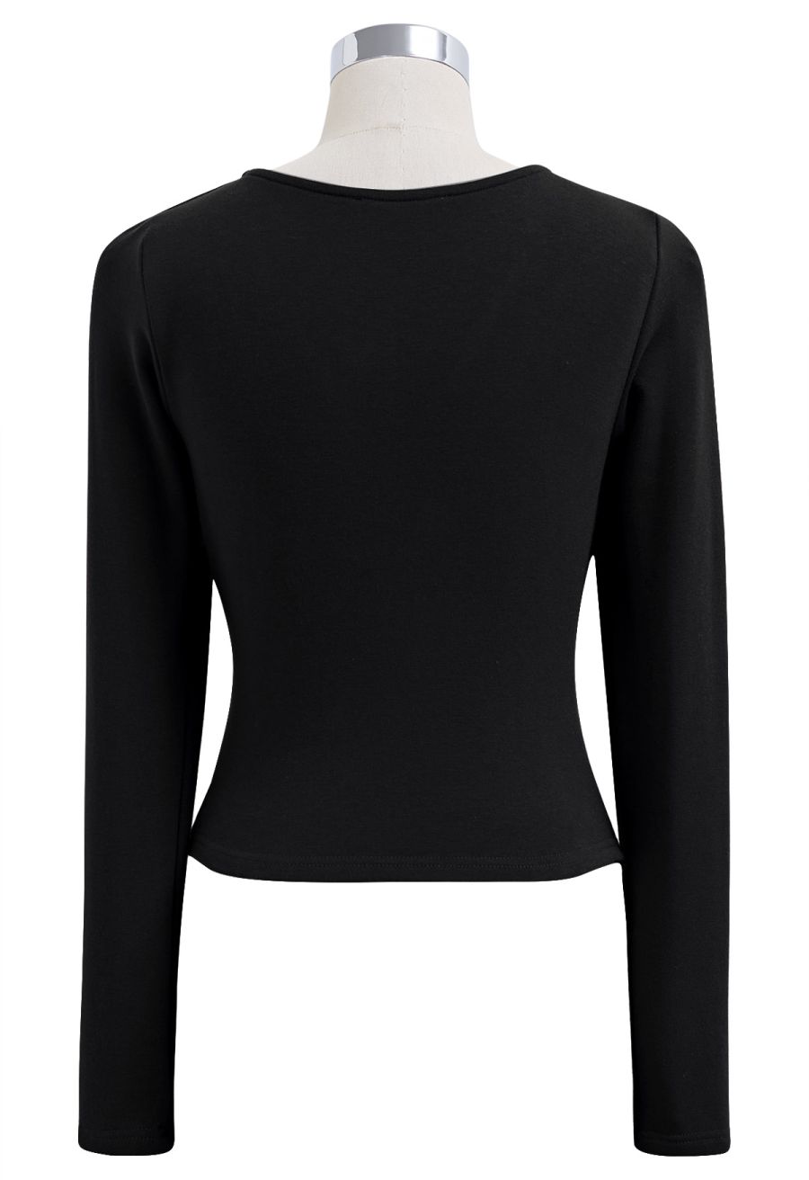 Cross V-Neck Long Sleeves Top in Black