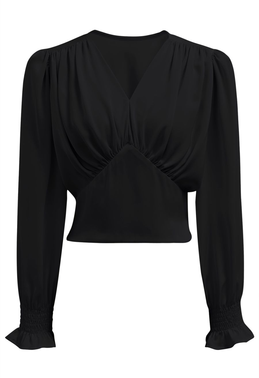 Satin Finish V-Neck Puff Sleeves Crop Top in Black