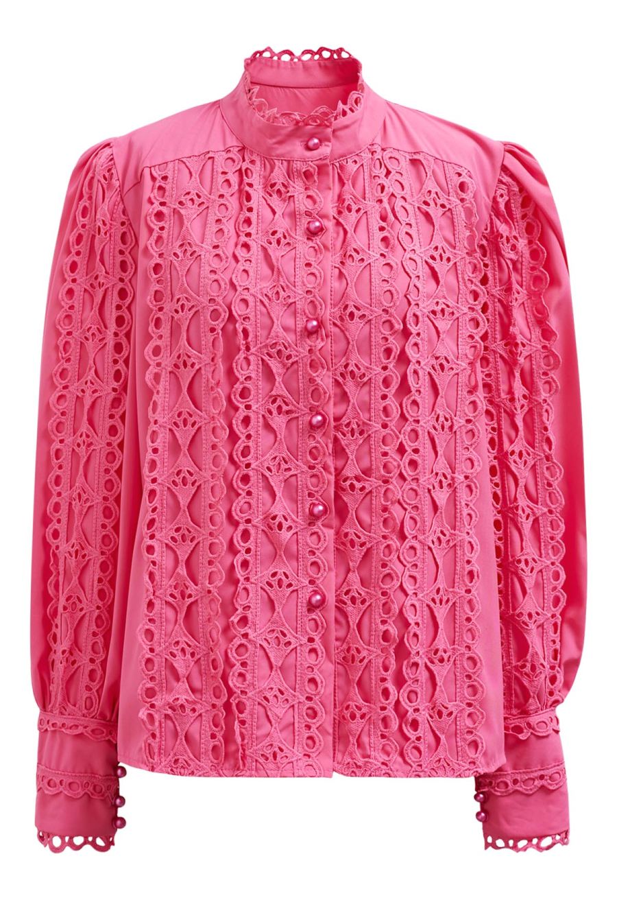Exquisite Cutwork Bubble Sleeves Button-Up Shirt in Hot Pink