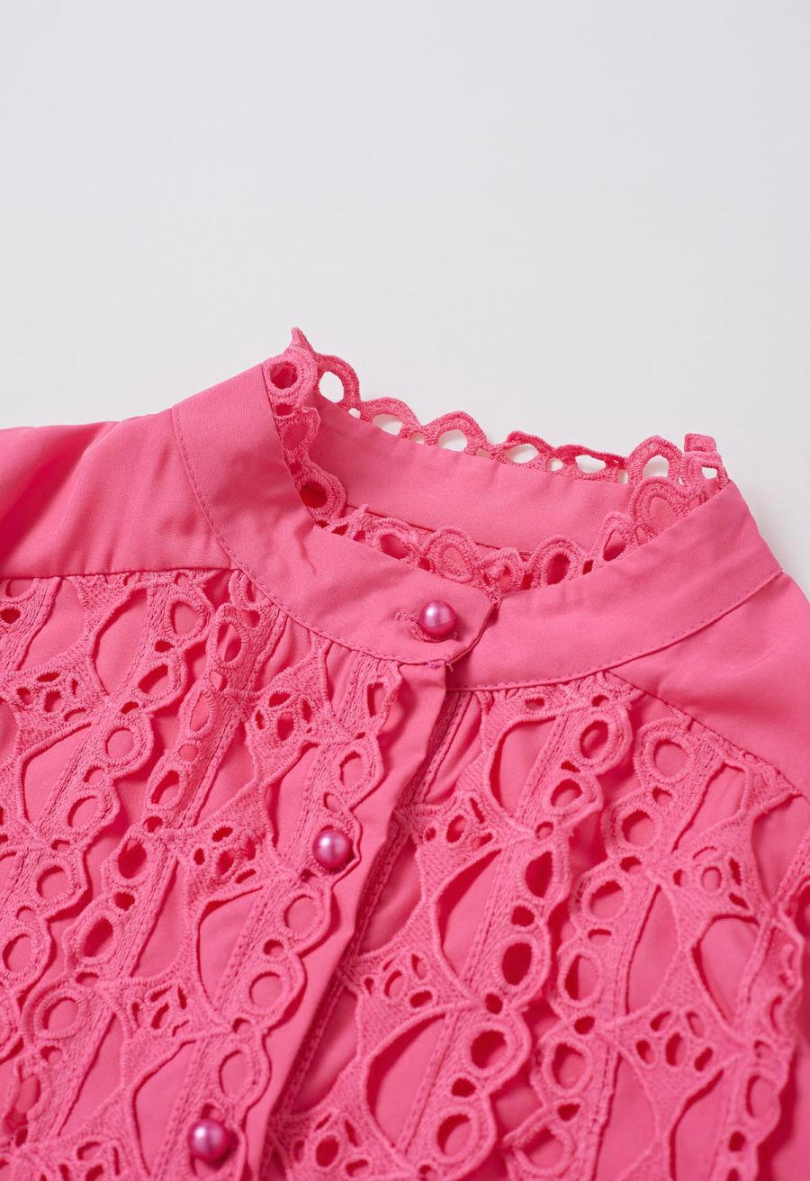 Exquisite Cutwork Bubble Sleeves Button-Up Shirt in Hot Pink