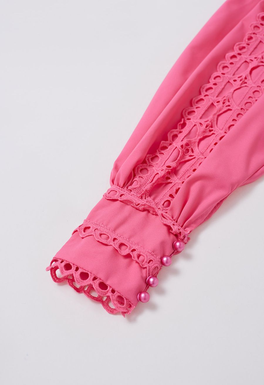 Exquisite Cutwork Bubble Sleeves Button-Up Shirt in Hot Pink