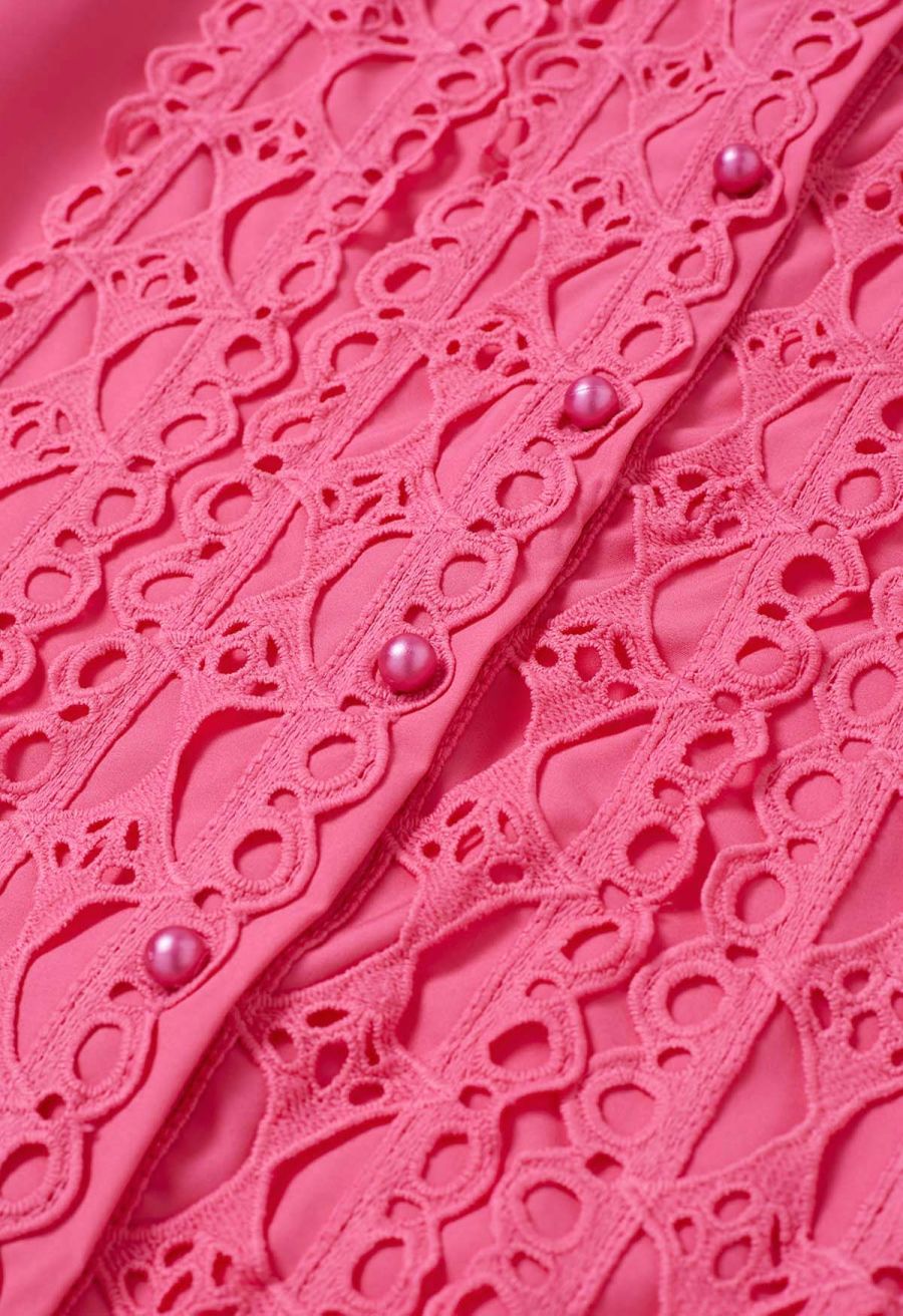Exquisite Cutwork Bubble Sleeves Button-Up Shirt in Hot Pink