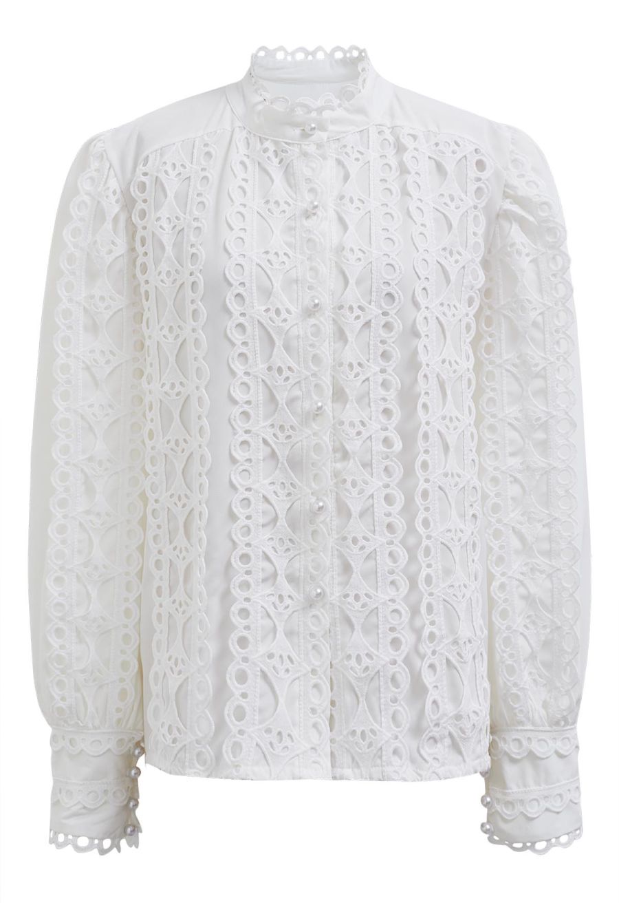 Exquisite Cutwork Bubble Sleeves Button-Up Shirt in White