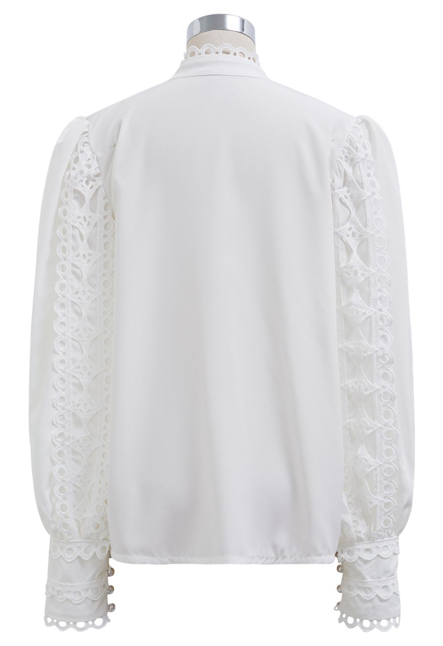 Exquisite Cutwork Bubble Sleeves Button-Up Shirt in White