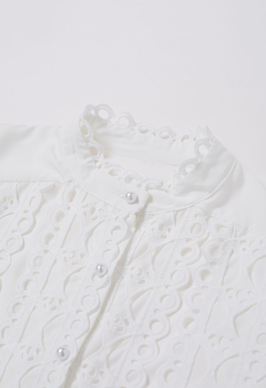 Exquisite Cutwork Bubble Sleeves Button-Up Shirt in White