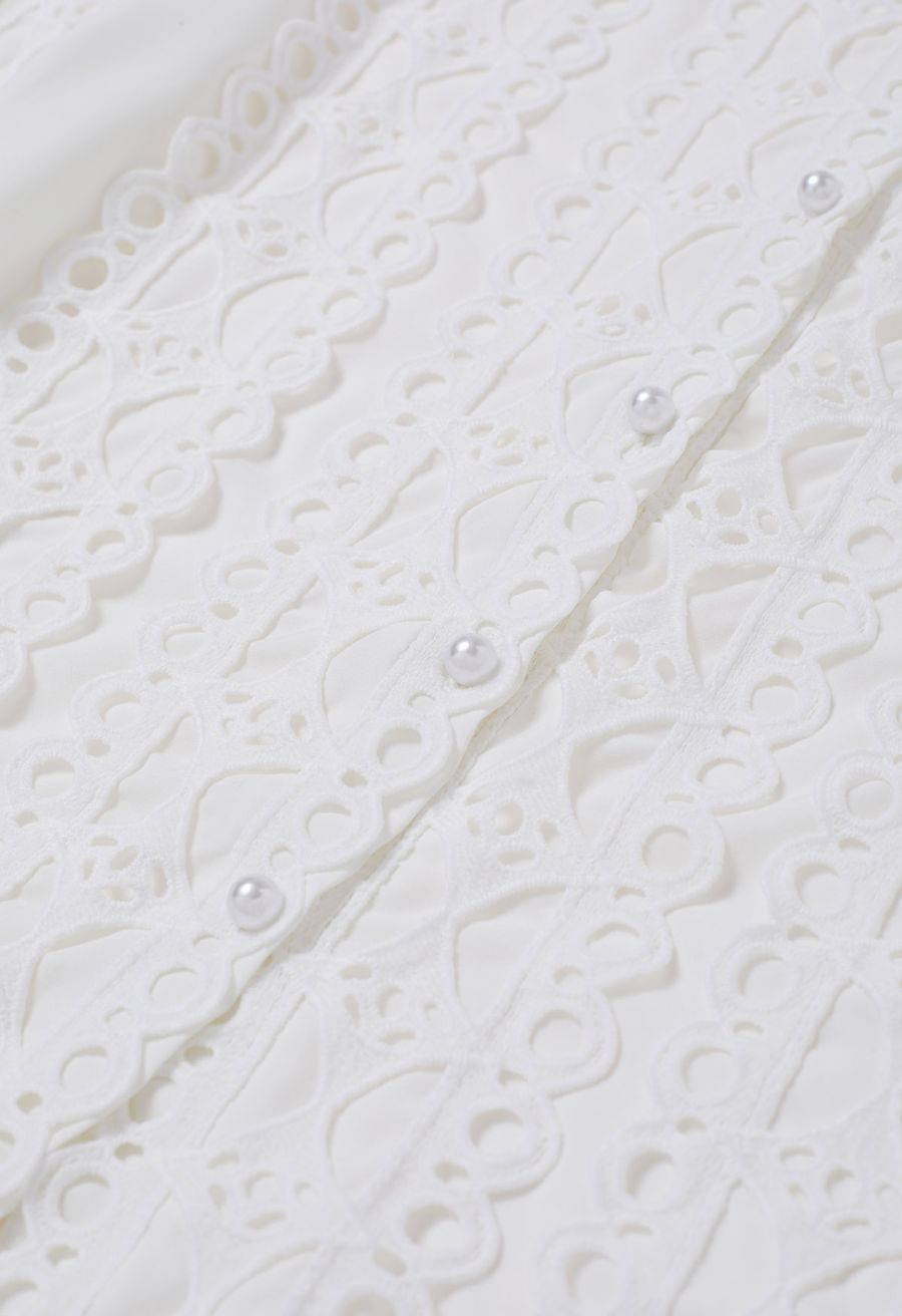 Exquisite Cutwork Bubble Sleeves Button-Up Shirt in White