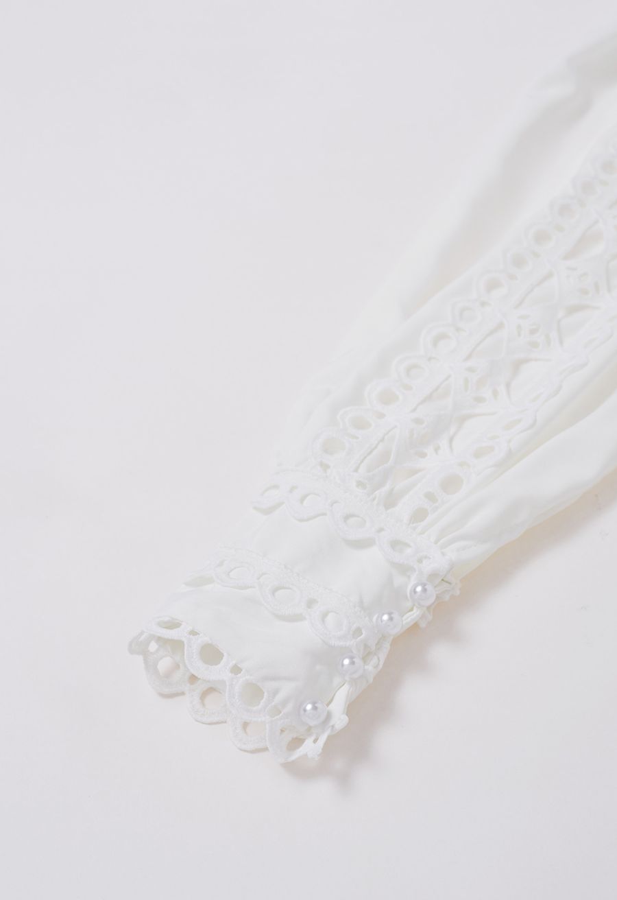 Exquisite Cutwork Bubble Sleeves Button-Up Shirt in White