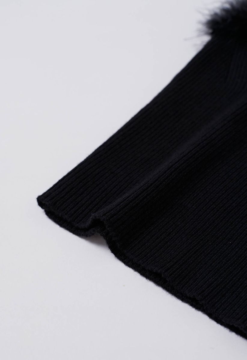 Feather Trim Cami Top and Sweater Sleeve Set in Black