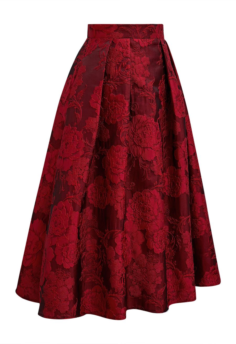 Blissful Red Floral Jacquard Pleated Midi Skirt