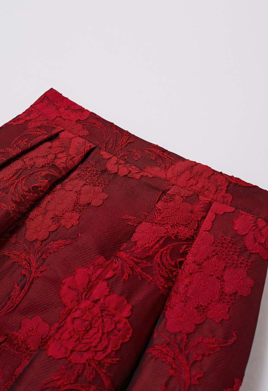 Blissful Red Floral Jacquard Pleated Midi Skirt