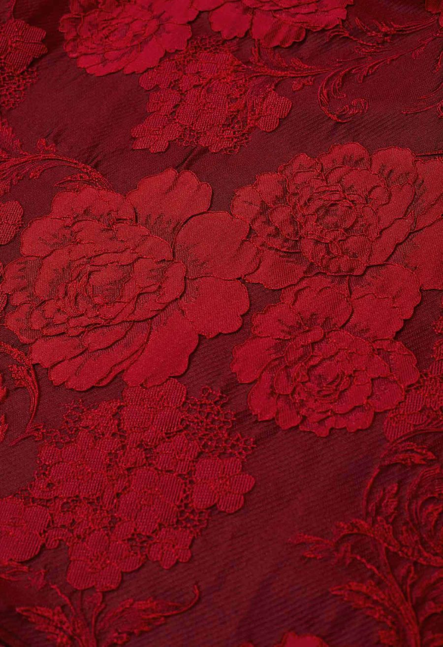 Blissful Red Floral Jacquard Pleated Midi Skirt