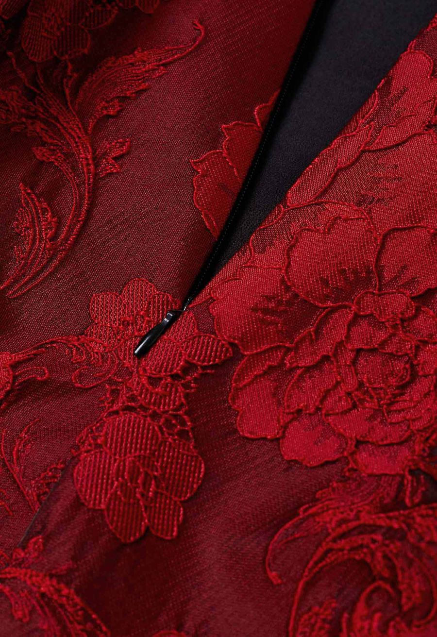 Blissful Red Floral Jacquard Pleated Midi Skirt