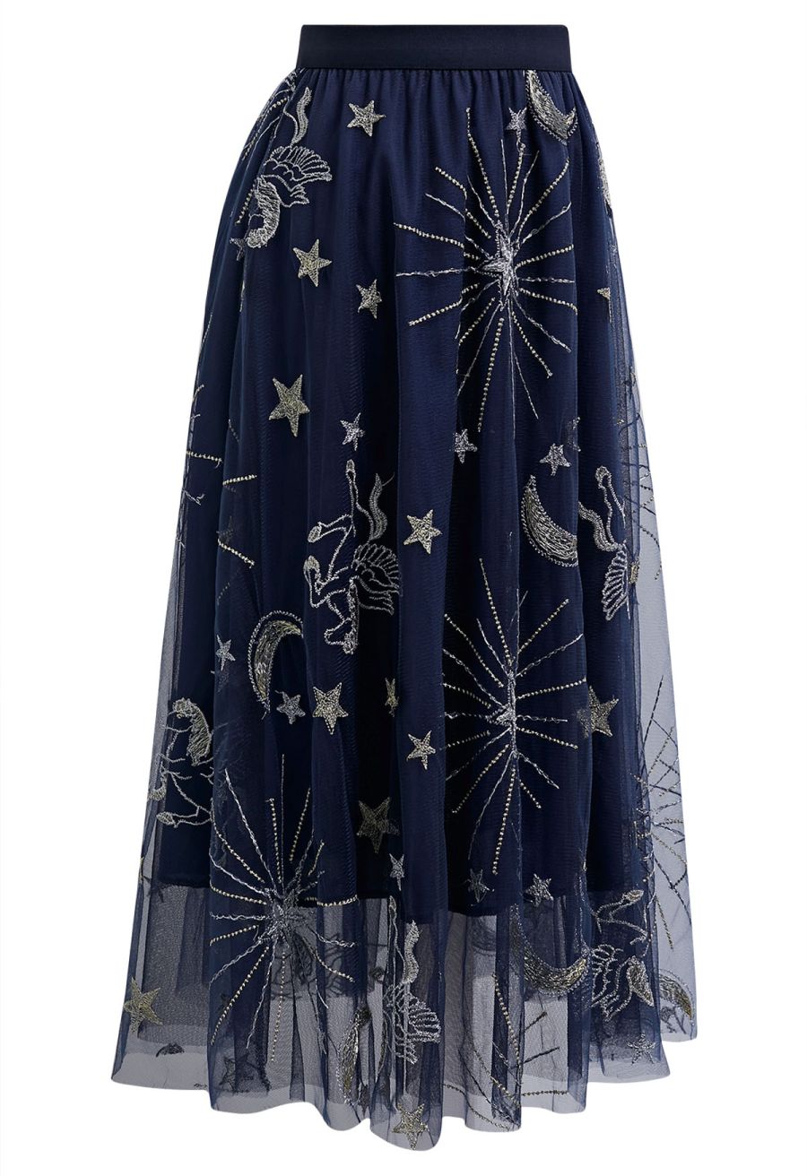 Mysterious Night Moon and Star Embroidered Mesh Tulle Skirt in Navy
