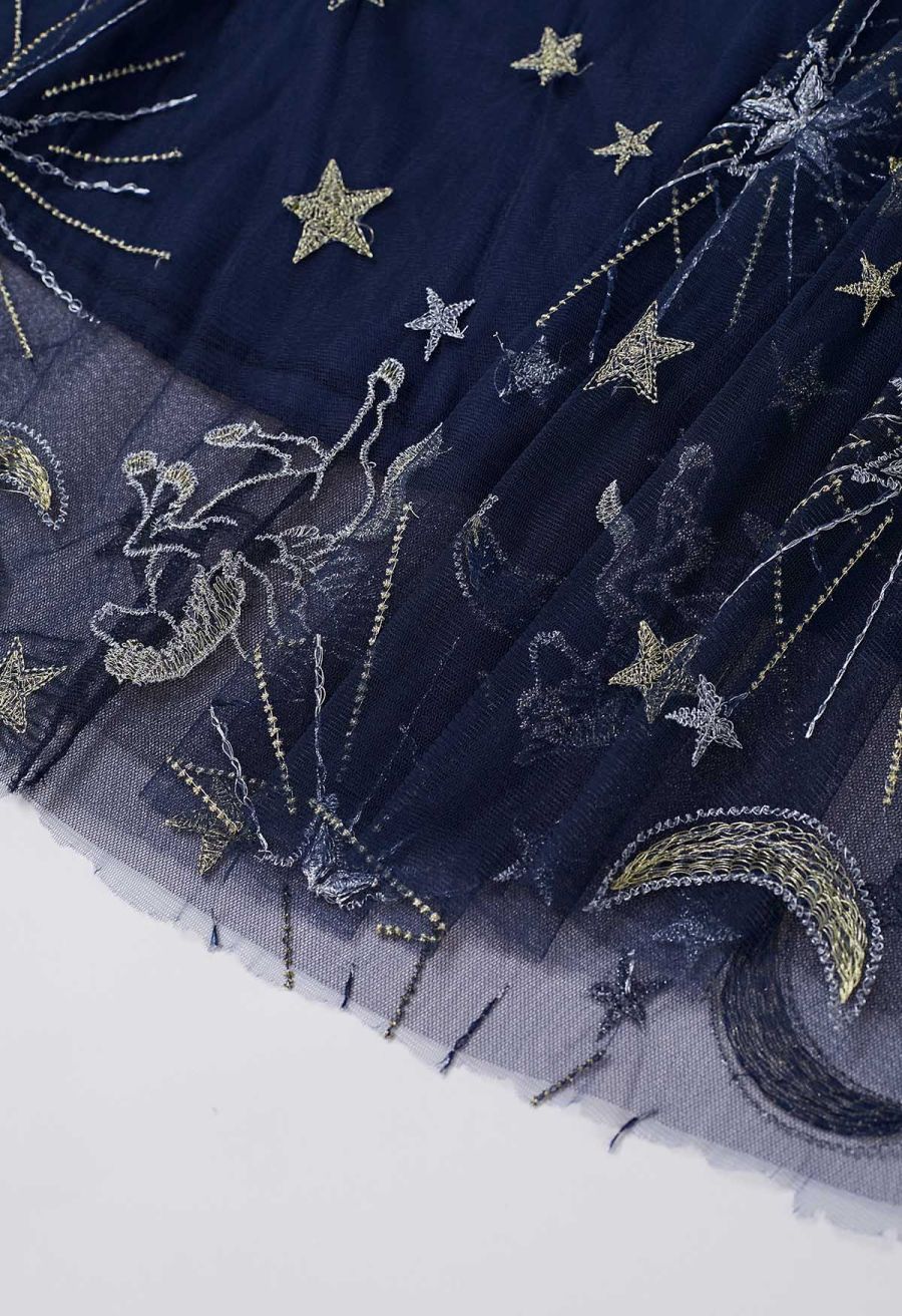 Mysterious Night Moon and Star Embroidered Mesh Tulle Skirt in Navy