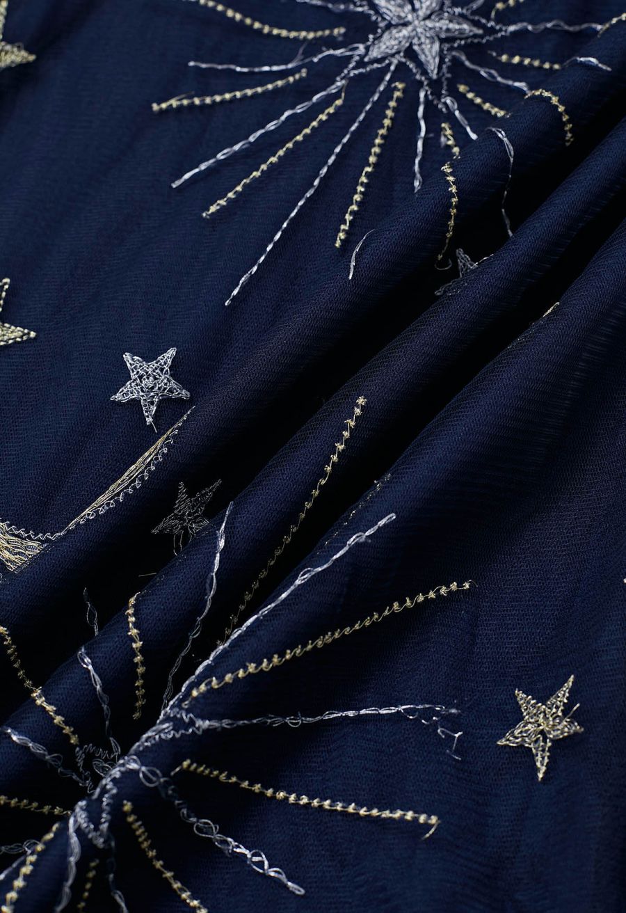 Mysterious Night Moon and Star Embroidered Mesh Tulle Skirt in Navy