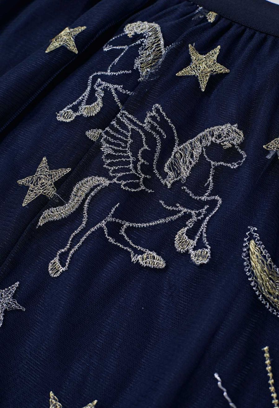 Mysterious Night Moon and Star Embroidered Mesh Tulle Skirt in Navy