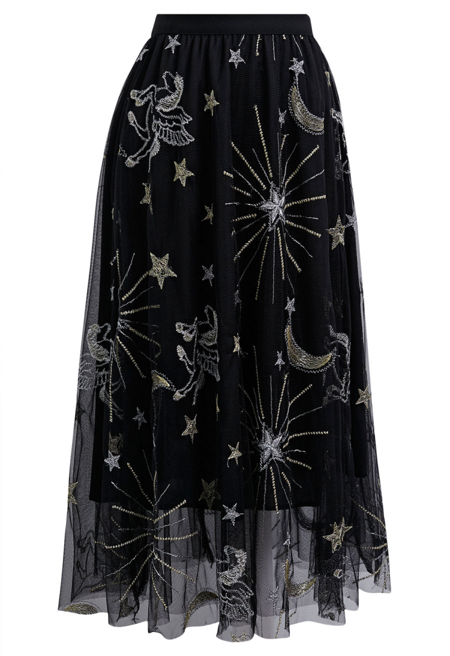 Mysterious Night Moon and Star Embroidered Mesh Tulle Skirt in Black