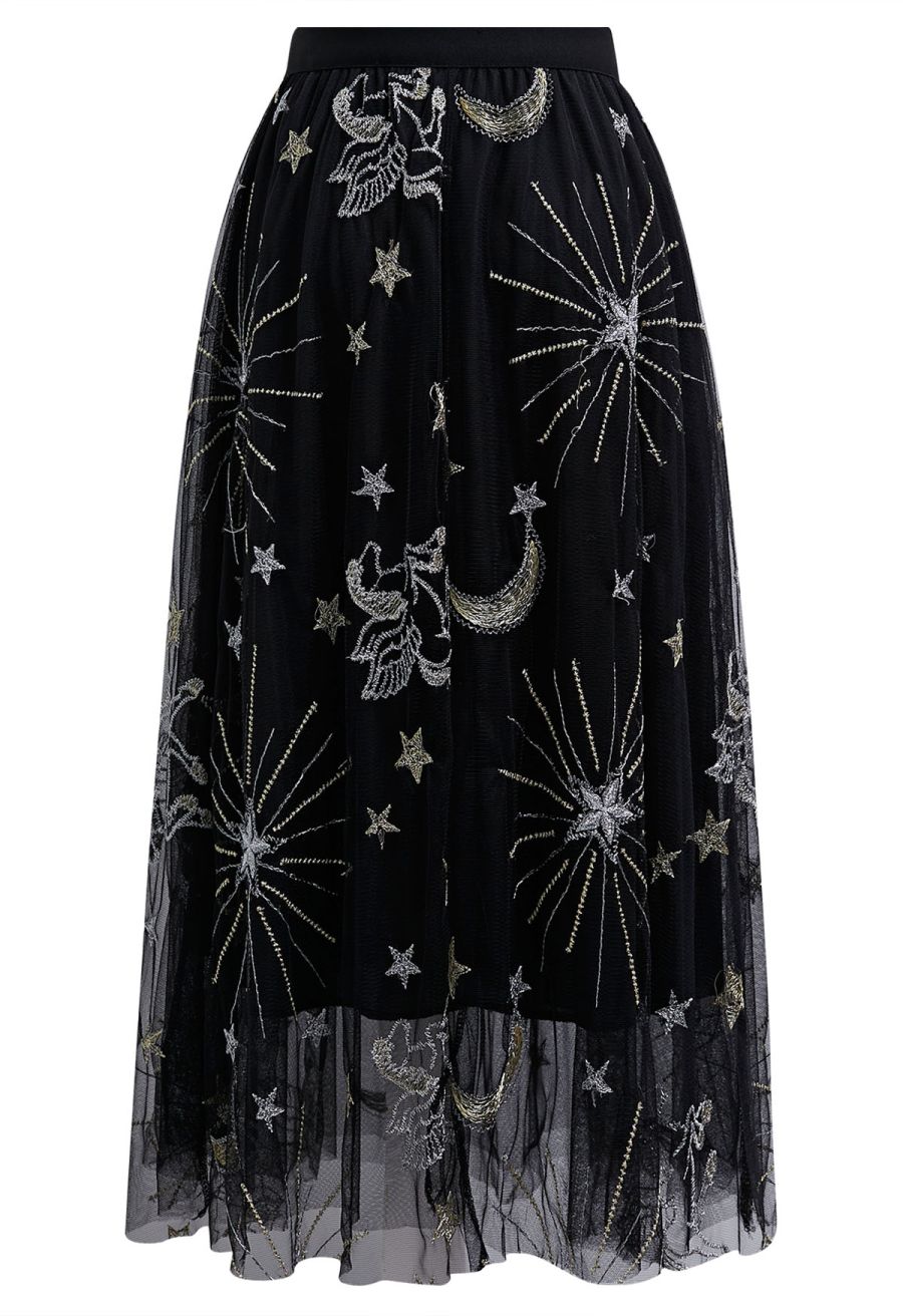 Mysterious Night Moon and Star Embroidered Mesh Tulle Skirt in Black