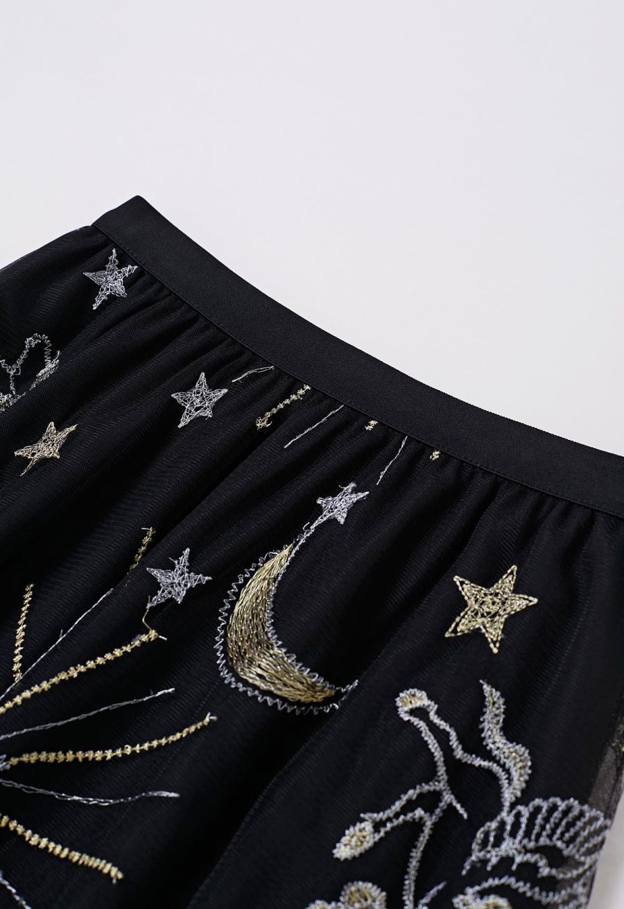 Mysterious Night Moon and Star Embroidered Mesh Tulle Skirt in Black