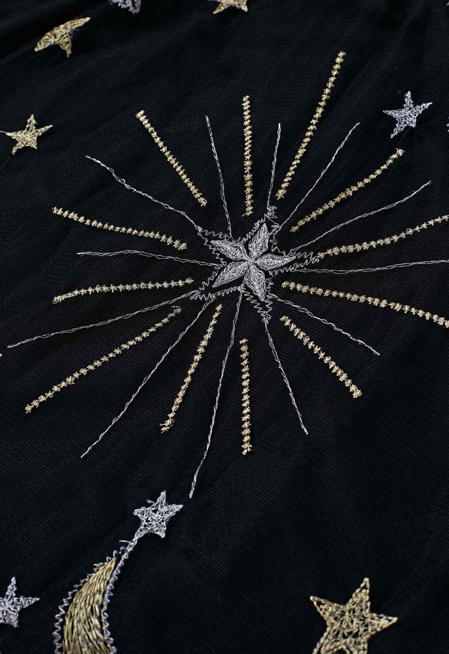 Mysterious Night Moon and Star Embroidered Mesh Tulle Skirt in Black