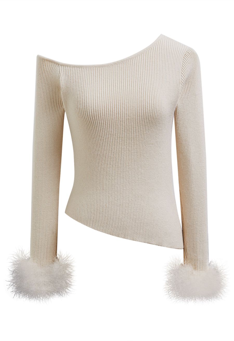 One-Shoulder Feathered Cuffs Knit Top in Cream