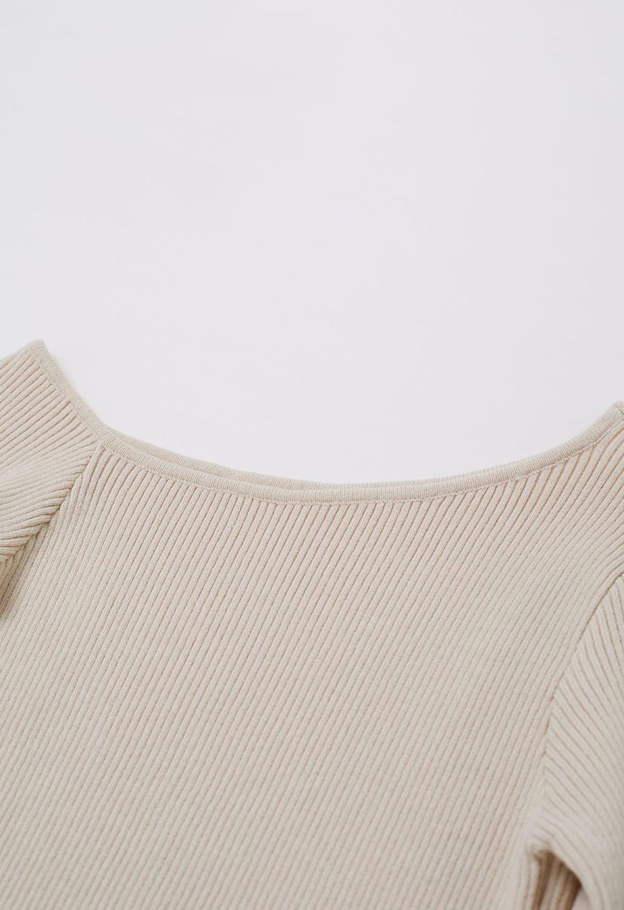 One-Shoulder Feathered Cuffs Knit Top in Cream