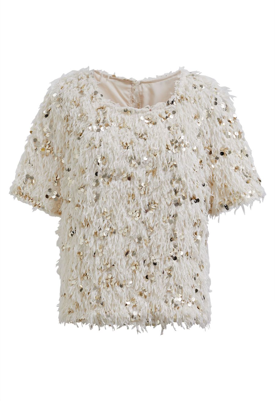 Sequin Embellished Feather Short-Sleeve Top