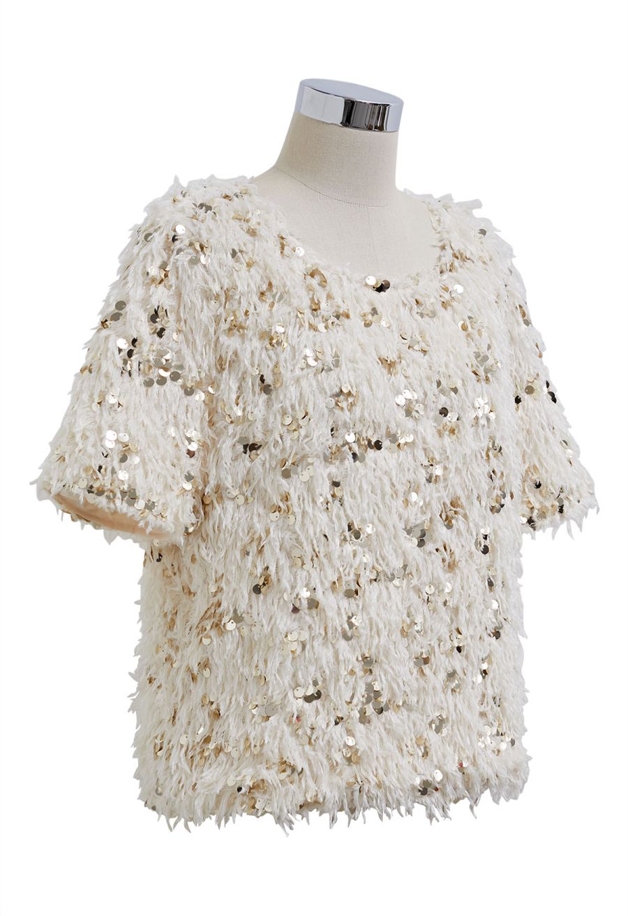 Sequin Embellished Feather Short-Sleeve Top